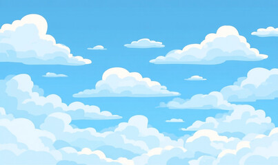Cartoon cloudscape with fluffy cumulus clouds floating in a clear blue sky backdrop