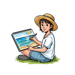 young artists summer seascape capturing coastal beauty on canvas, isolated on transparent background