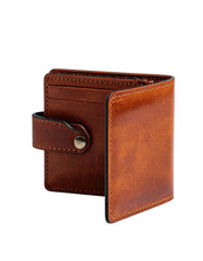 Open tan leather bi-fold wallet with snap closure