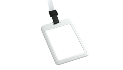 White rectangular ID badge with a black clip, hanging from a white lanyard