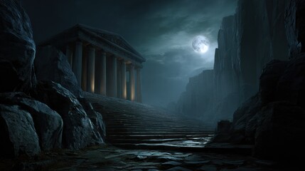 A moonlit classical temple, reached by stone steps, nestled between dark rock formations