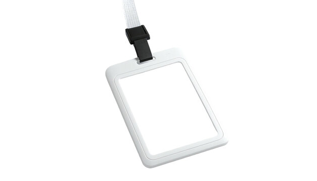 White rectangular ID badge with a black clip, hanging from a white lanyard