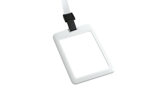 White rectangular ID badge with a black clip, hanging from a white lanyard