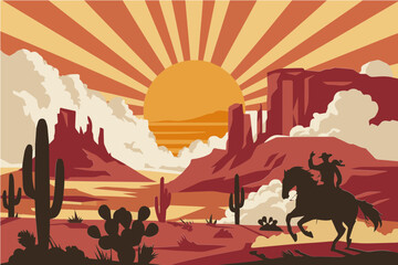 Naklejka premium A dramatic western sunset illustration with a cowboy on horseback waving against towering red rock formations and glowing desert skies