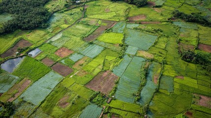 Aerial View of Vast Farmland Divided into Green Crop Plots, Symbolizing Sustainable Agriculture and Land Management
