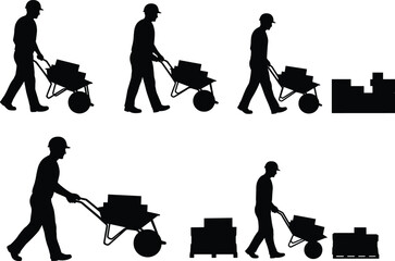 construction worker silhouettes pushing wheelbarrow loaded with bricks manual labor heavy worksite building materials transport construction site hard work carrying load worker tool equipment