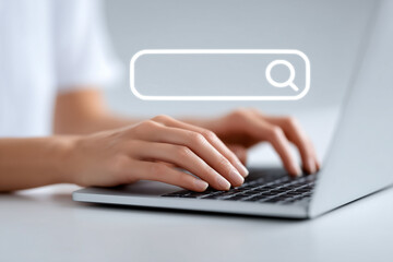 Hands typing on laptop with search bar icon, representing online research, search engine usage, information discovery, web browsing, and internet technology. generative ai