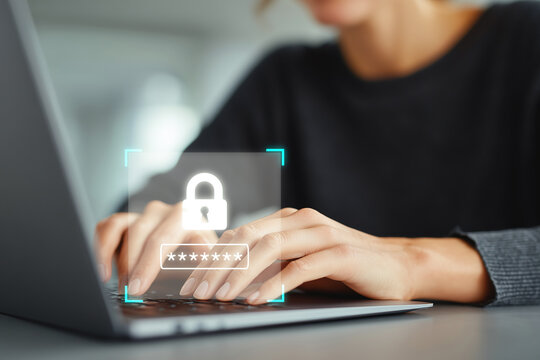 Woman typing on laptop with virtual password and padlock icon overlay, symbolizing secure login, data privacy, cybersecurity, and online identity protection in digital environments. generative ai