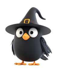 Cute Cartoon Black Witch Bird Character with Pumpkin Hat and Broom Halloween