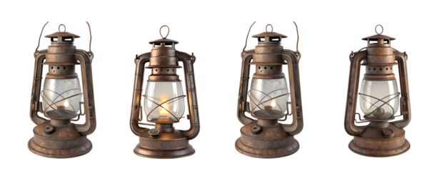 Four old-fashioned rusty lanterns with illuminated flames rendered in a 3d illustration showing various angles and styles of the vintage oil lamps