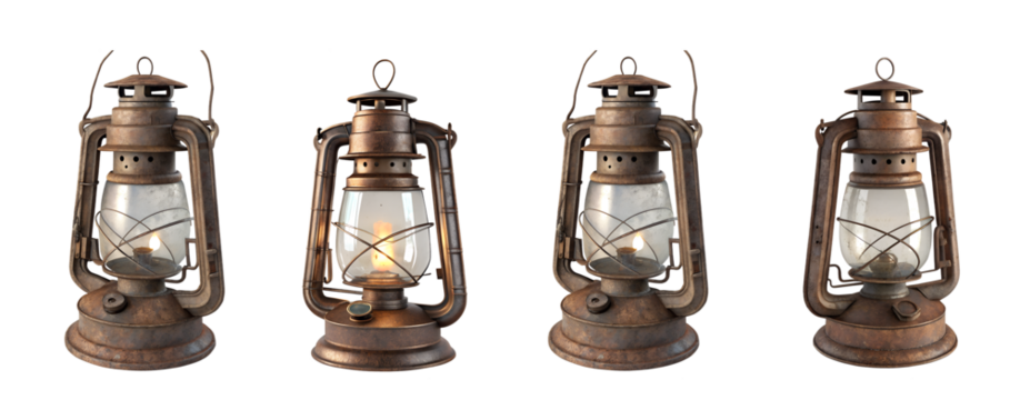 Four old-fashioned rusty lanterns with illuminated flames rendered in a 3d illustration showing various angles and styles of the vintage oil lamps