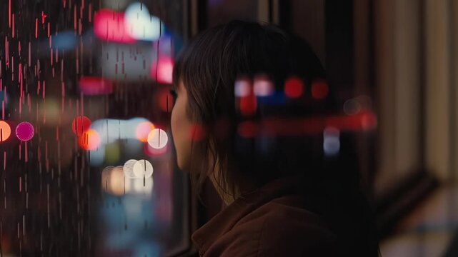 Thoughtful woman gazes out of a window during a rainy night in the city