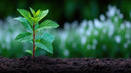 Vibrant Green Plant Sprout Emerging from Rich Soil Against Blurred Bokeh Backdrop Close Up