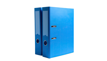 Two blue file folders, stacked vertically, with visible binder clips
