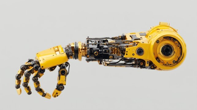 Highly detailed yellow robotic arm with intricate mechanical parts