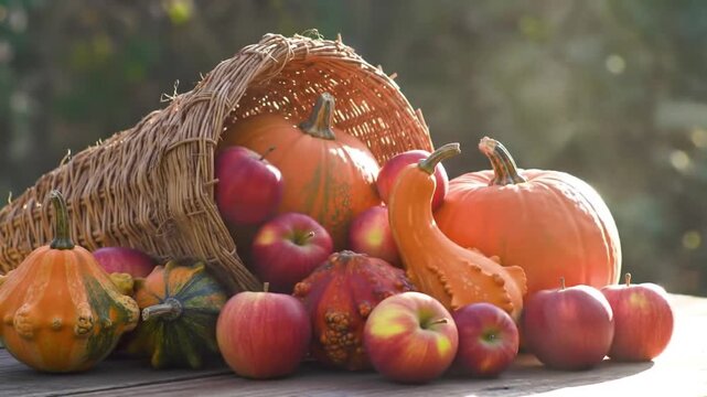 Abundant Harvest Cornucopia Overflowing with Pumpkins, Gourds, and Red Apples on Wooden Table