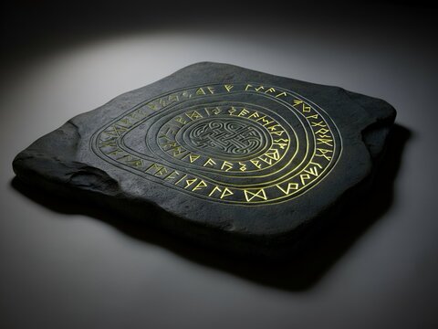 Ancient stone slab with intricate glowing golden rune carvings, casting an ethereal light on a dark background, symbolizing mystical power and forgotten lore - Powered by Adobe