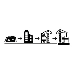 Building construction stages, from foundation to completed structure, depicted in a linear progression.