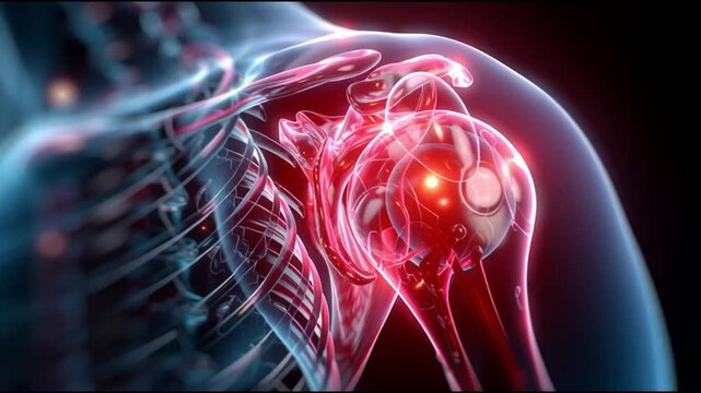 Joint Replacement Hospital. Surgery. Rehabilitation. Prosthetics. 3D illustration of a human shoulder joint anatomy.