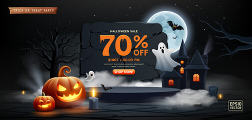 Fototapeta na wymiar Happy Halloween Sale black podium, Night castle, pumpkin, ghosts and bat flying, banner design on full moon black background
