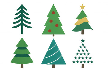 Collection of stylized winter holiday trees, featuring various shapes and decorative elements, perfect for festive graphic design projects