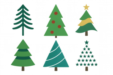 Collection of stylized winter holiday trees, featuring various shapes and decorative elements, perfect for festive graphic design projects