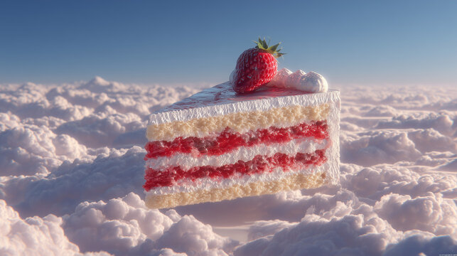 Levitating Slice of Strawberry Cake in the Sky – Hyperrealistic High-Quality Food Concept