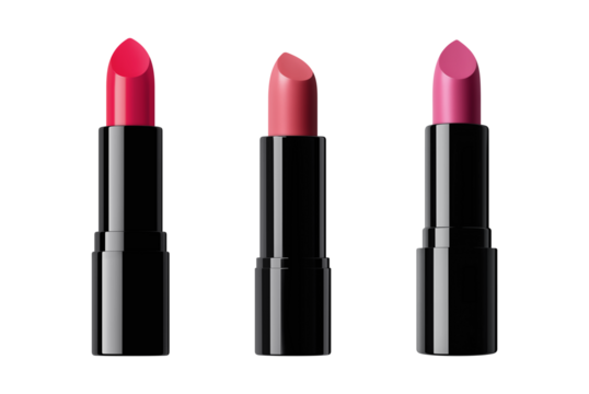 Open lipstick in black glossy tube, set of cylindrical packaging. Catalog mockup for design. Isolated element with clear even edge on transparent background