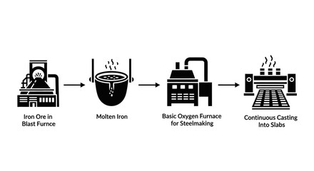 Diagram illustrating the stages of steel production, from iron ore in a blast furnace to continuous casting into slabs.