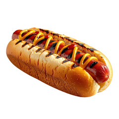 Grilled hot dog in a bun, mustard and ketchup