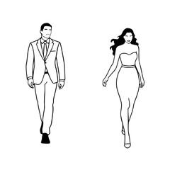 Black and White Vector Illustration of a Couple Man and Woman in Minimalistic Clean Line Art Style