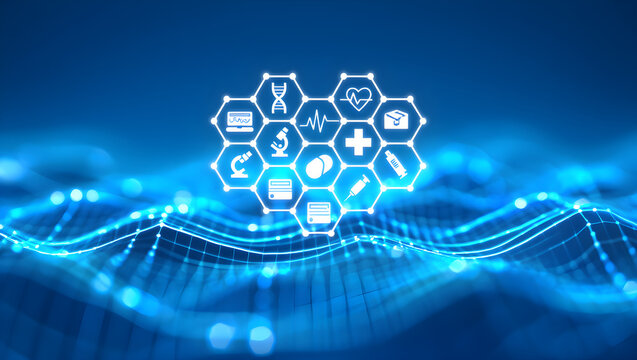 Abstract digital brain with medical icons on a blue futuristic network