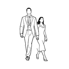 Black and White Vector Illustration of a Couple Man and Woman in Minimalistic Clean Line Art Style
