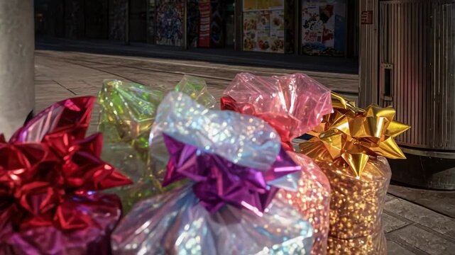 Five brightly colored bags filled with tiny candy sprinkles, tied with bows, lined up on a sidewalk.