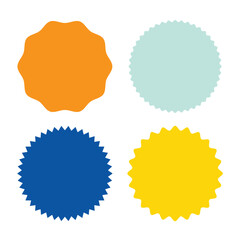 Different starburst / sunburst badges, shapes in 4 color .Vector illustration. Eps 10 .
