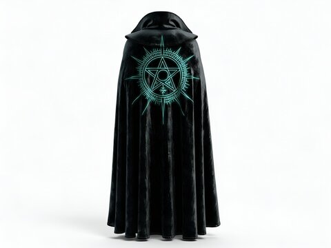 Elegant black velvet cape adorned with a luminous mystical sigil on the back, isolated on a clean white background, ideal for fantasy and symbolic designs