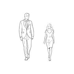 Black and White Vector Illustration of a Couple Man and Woman in Minimalistic Clean Line Art Style
