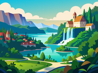 Plitvice Lakes Croatia nature landscape illustration