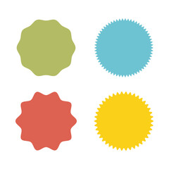 Different starburst / sunburst badges, shapes in 4 color .Vector illustration. Eps 10 .