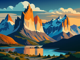 Torres del Paine Chili nature landscape illustration