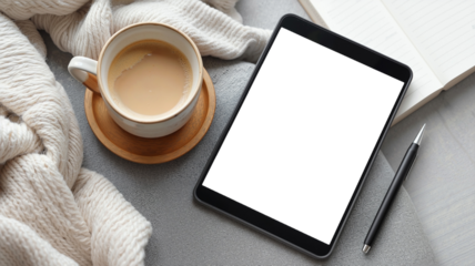 flatlay photorealistic shot of a minimalistic tablet with a transparent screen and a stylus pen placed on a textured grey fabric sofa