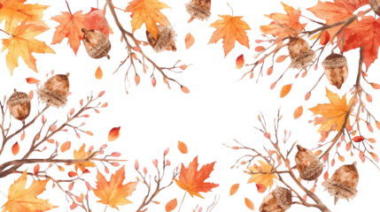 Watercolor autumn frame with hand painted fall leaves, acorns, branches and soft artistic border for seasonal design projects