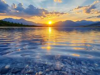The water in the lake is so clear that you can see the rocks, and the view of the mountains and the sunset is peaceful.
