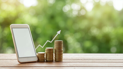 a blank white smartphone and an upward-pointing arrow with stacked gold coins, set against a blurred deep green natural background with an ascending line graph, symbolizing long-term strategy 