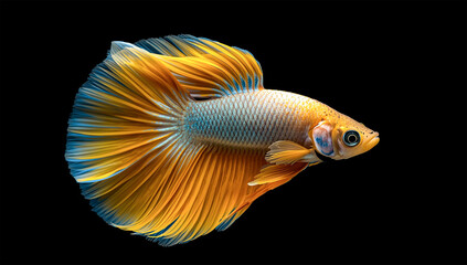 Fototapeta premium Close-Up of a Vibrant Yellow and Blue Betta Fish with Flowing Fins on a Black Background