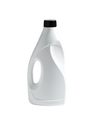 White plastic detergent bottle with a black cap.  Rounded,  ergonomic shape with a handle.  Empty container