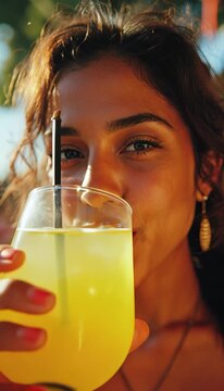 Bright smile of a young woman enjoying a refreshing drink outdoors on a sunny day