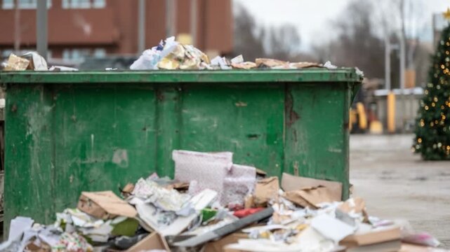 Green dumpster overflowing with gift boxes and torn wrapping on a festive street, a Christmas tree visible in the background