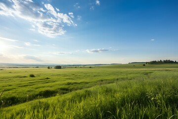 Obraz premium Vast green meadow under a bright blue sky with wispy clouds