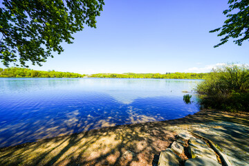 View of the Brucher Dam and the surrounding landscape. Nature at the lake near Marienheide.
